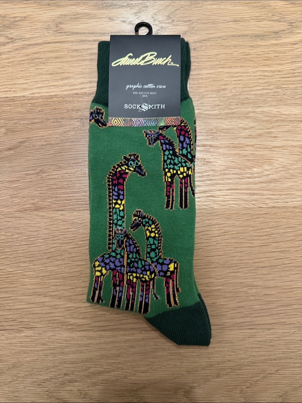 Laurel Burch Green Crew Socks with Multicolor Giraffe Motif